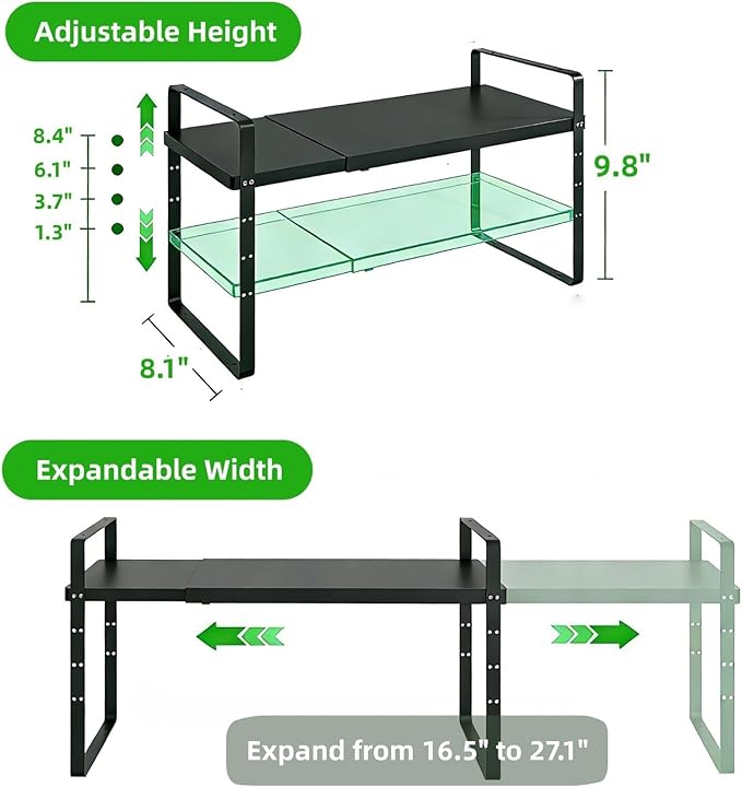 Expandable Cabinet Storage Shelf Stackable Organizer Rack for Kitchen Bathroom Pantry Spice Cupboard Countertop Home Office Desk Heavy Duty Nonslip Black Small 1 PACK