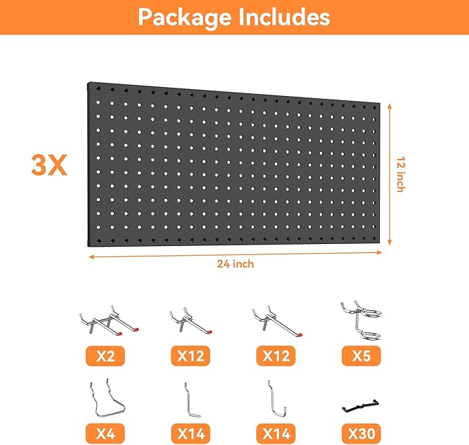 WALMANN 96 PCS Metal Pegboard with Pegboard Hooks for Wall, Garage Tools Storage Pegboard for Garage, Workbench, Peg Boards, Tool Organizer Board with Hooks(Black)