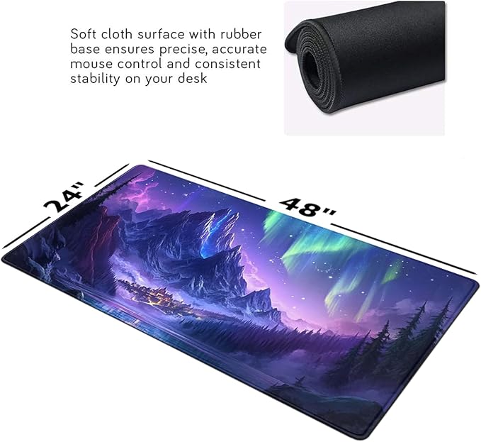 Extended Mouse Pad Large Gaming Mouse Pads - Aurora Painting Northern Lights Mountains Stars Desk Pad Computer Desk Mat Non-Slip Mousepad for Game Players, Office, Study (48" x 24")