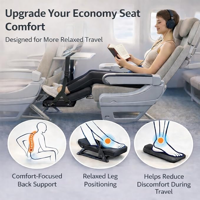 Airplane Foot Hammock for Plane Travel Essentials, Adjustable Foot Rest for Long Flights, Portable Airplane Footrest with Eye Mask & Ear Plugs, 3-in-1 Travel Comfort Kit