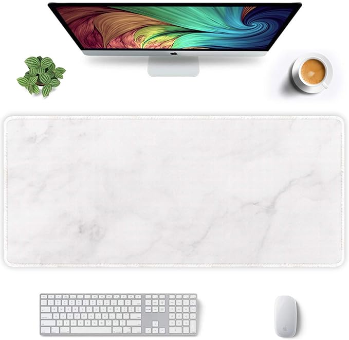 Auhoahsil Extended Mouse Pad, XXL Gaming Mouse Pads, Large Big Mousepad Laptop Computer Keyboard Mat Desk Pad with Non-Slip Base and Stitched Edge for Gaming Office, 35.5 x 15.7 inch, White Marble