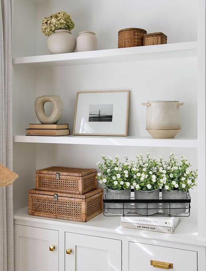DILATATA Baby's Breath Artificial Flowers Table Centerpiece Decoration Potted Artificial Babys Breath Small Fake Plants for Shelf Desk Home Decor Fake White Babys Breath Flower with Vase