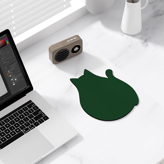 Funny Leather Mouse Pad Cute Cat Shape Office Desk Accessories Decor for Women Small Mousepad with Non-Slip Rubber Base Washable Waterproof, 9.7" x 8", Dark Green