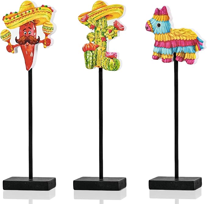 Smile Cinco De Mayo Tabletop Decor Mexican Fiesta Standing Figures (Cactus, Chili Pepper, Piñata) with Wooden Base & Sticks for Tiered Tray & Party Display