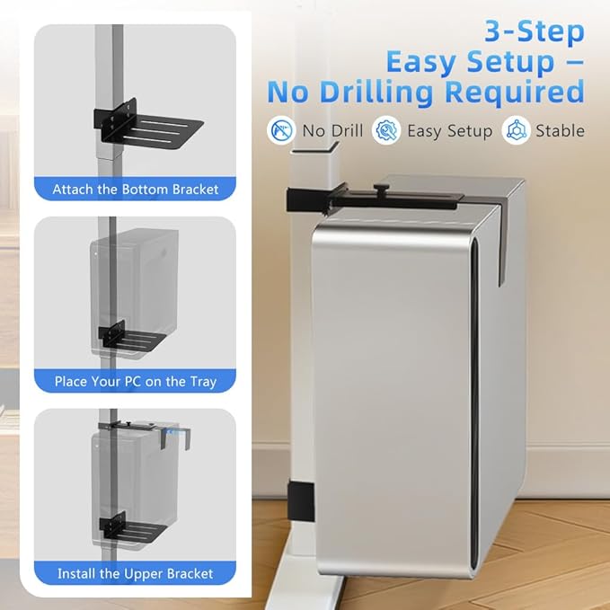 OUTFINE Under Desk PC Mount for Standing Desk, Clamp-On CPU Holder for Desk Leg (80×50 / 75×45 / 65×45mm), No-Drill Computer Tower Mount, Heavy Duty 50 lbs, Adjustable Open-Frame PC Bracket (Black)