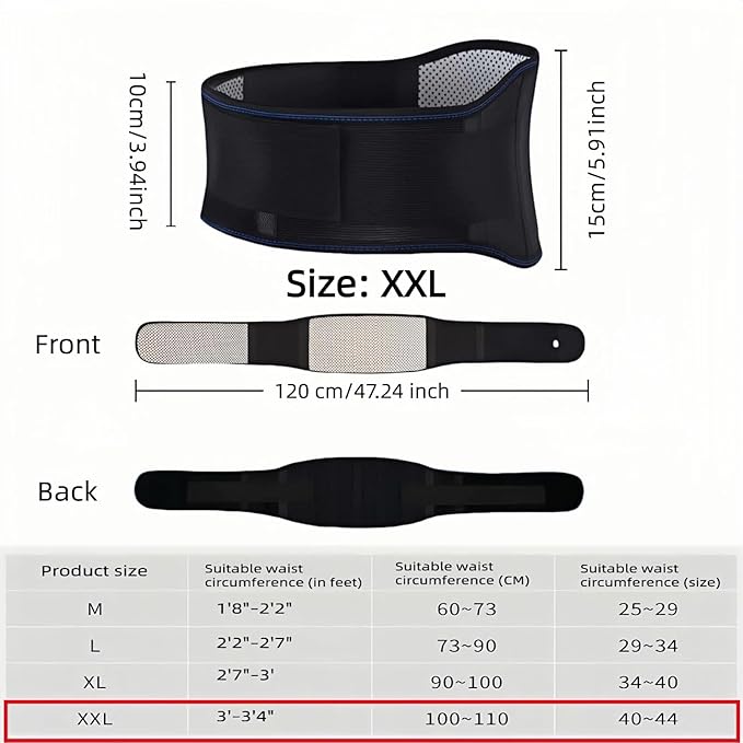 Self heating lumbar support strap suitable for both men and women - adjustable back support with thermal therapy, used to relieve lumbar discomfort, posture support (XXL)