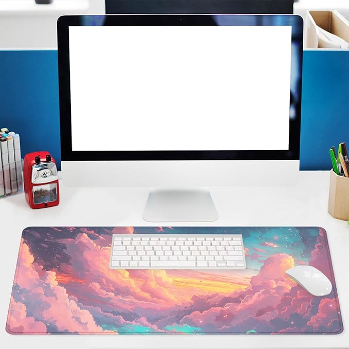 Cartoon Sky Gaming Mouse Pad Retro Comics Colorful Clouds Planets Desk Mat, Non-Slip XL Computer Big Mouse Mat with Keyboard Pad for Work, Gamer, Office, Home 31.5x11.8 in