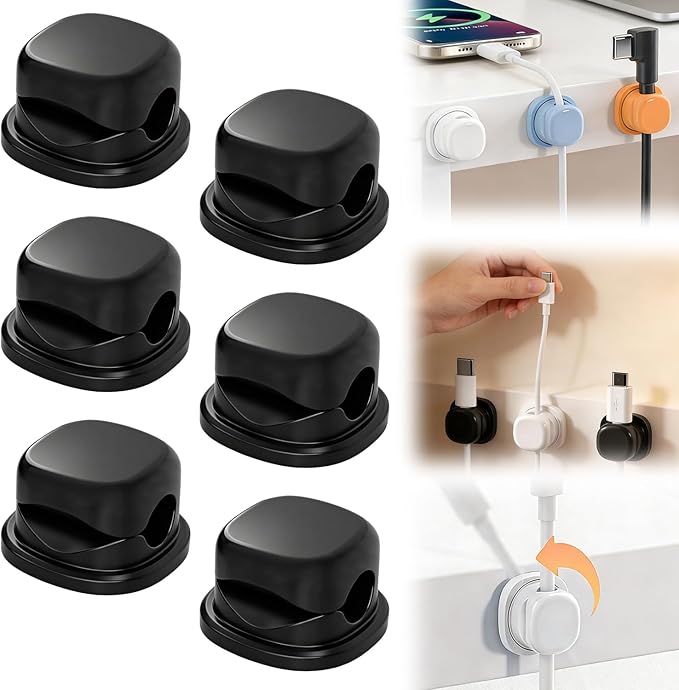 Cord Organizer Holder，2026 New Rotatable Desk Cable Managemen，Adhesive Wire Cable Clips Management Kit for Phone Charger, Home, Computer, Desk, Nightstand，Office (Black (6pack))