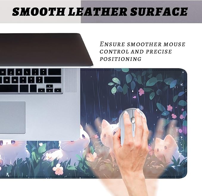 Animation Mouse Pad White Cat Rain Playing Flowers Plants Mousepad Extended Large Laptop Keyboard Non-Slip Rubber Base with Stitched Edges for Home 31.5x11.8 in