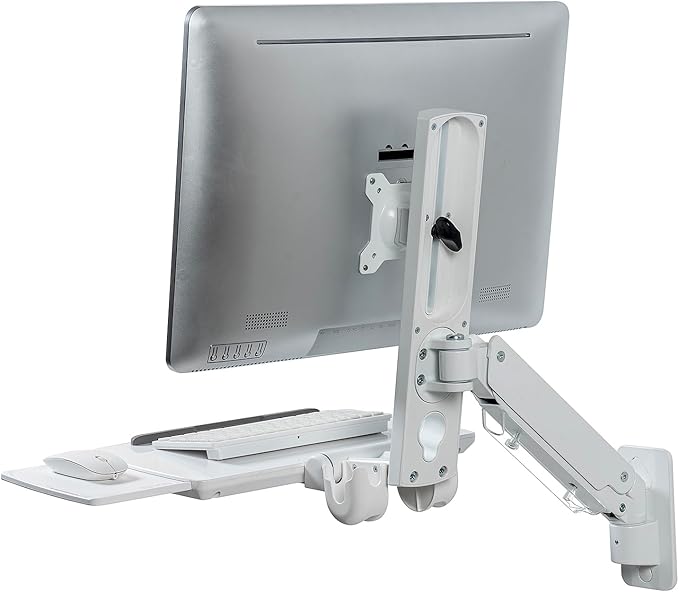 MyGift Wall Mounted White Metal Medical Grade Monitor Screen Workstation with Height Adjustable Arm, Keyboard & Extension Tray & Mouse Holder for Healthcare and Dental Clinics, Fits up to 35” Monitor