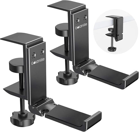2 Pack Aluminum Headphone Stand Hanger Foldable with Cable Clip - Headset Holder Clamp Hook Under Desk, Save Your Space While Working & Gaming