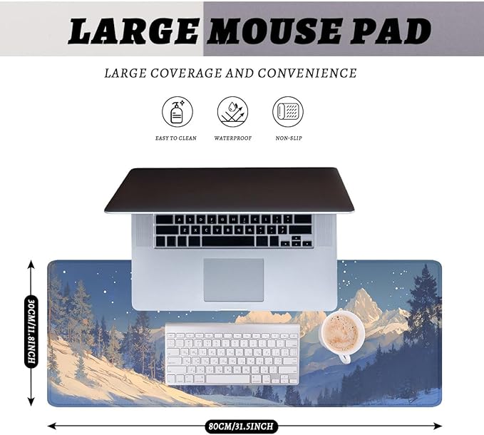 Winter Mountain Night Gaming Mouse Pad Starry Sky Snow Peaks Mousepad Extended Large Laptop Keyboard Non-Slip Rubber Base with Stitched Edges for Home 31.5 x 11.8 inch