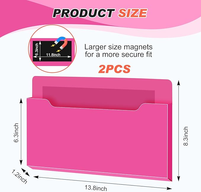 Feifeiya 2 Pcs Magnetic File Folder Wall Hanging Holder Large Pocket Paper Magazine Mail Organizer for Refrigerator Classroom Locker Whiteboard(Horizontal,Rose Red,13.8 x 8.3 Inches)