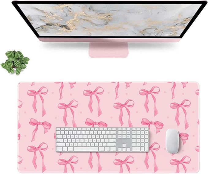 Pink Bow Mouse Pad, Desk Mat Large Bows Laptop Pad Computer Mat, Gaming Keyboard Mat Non-Slip Rubber Base Desk Pad, Stitched Edge, Cute Girly Pink Desk Accessories Women Office Decor 23.6" x 11.8"
