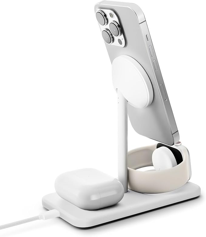 Twelve South HiRise 3 Deluxe Twelve South 3-in-1 MagSafe + Qi2 Charging Stand for iPhone, Watch, and AirPods, White