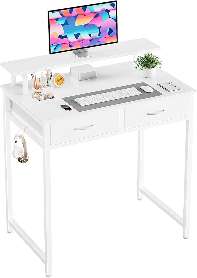 DUMOS 31.5" x 19.7" Compact Computer Desk with Monitor Stand and 2 Drawers, Small Writing Desk with Drawers for Home Office, Study Table for Small Spaces, White