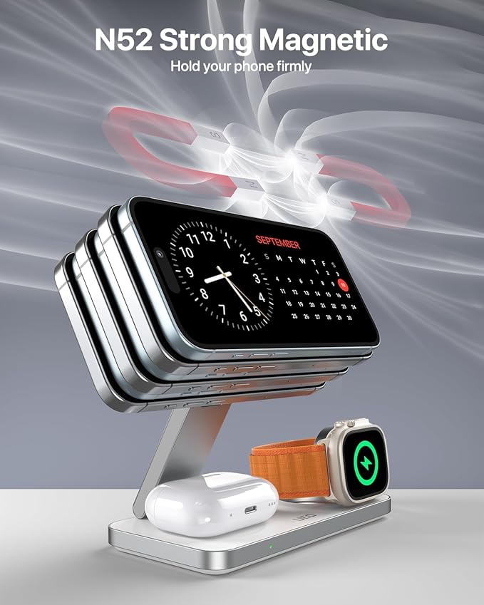 UEQ 3-in-1 Charging Station for Apple Devices,QI2.2 25W Ultra-Fast Magnetic Wireless Charger Stand,Compatible with MagSafe,Foldable Travel Charger for iPhone Air/17/16/15/14/13/12,Apple Watch,AirPods