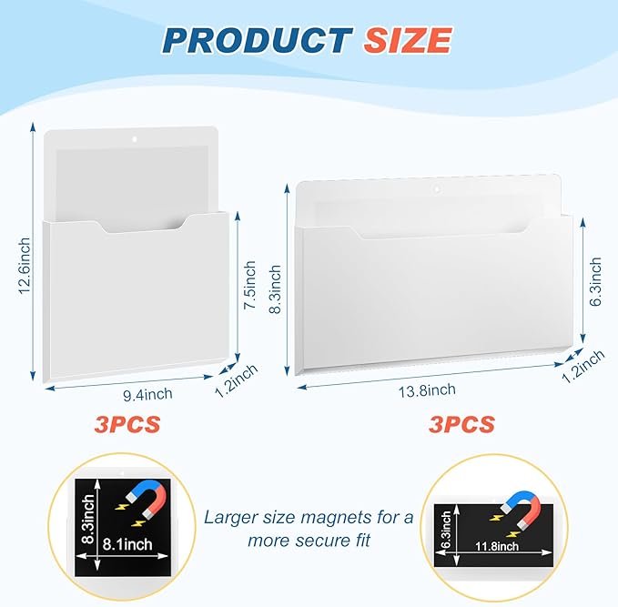 Fuutreo 6 Pcs Magnetic Wall File Organizer Magnetic Wall File Holder Refrigerator Magazine Holder for Mail Letters Paper(White,Horizontal & Vertical)