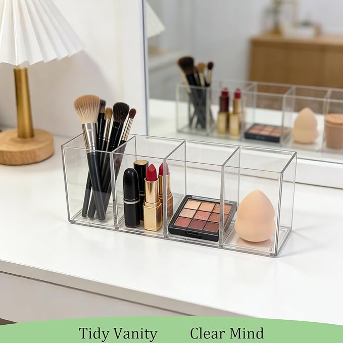 Clear 4-Compartment Organizer Box, 9.4" 3.6" 2.9" Multi-Purpose Desktop Caddy for Pens, Makeup Brushes, Office Supplies, Bathroom Countertop Storage