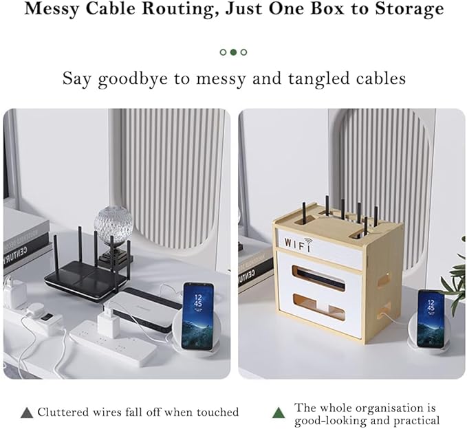 Wooden Router Shelf, Desktop WiFi Router Storage Box Modem Rack, Power Router Fences Standing Shelf Units, Cable Management Hider Box Organizer for Office and Home (White Maple)