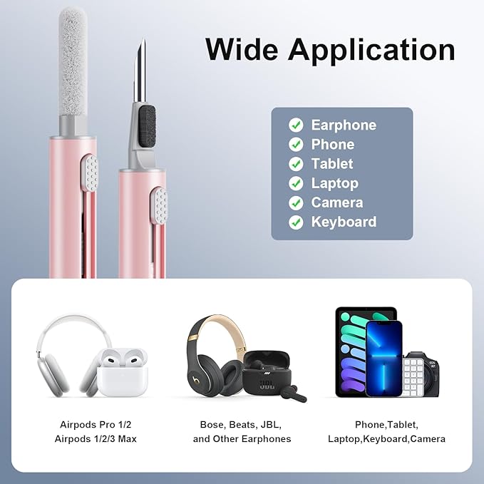 Hyashee Cleaner Kit for Airpods Pro 1 2 3 Multi-Function Cleaning Pen with Soft Brush Flocking Sponge for Bluetooth Earphones Case Cleaning Tools (Pink)