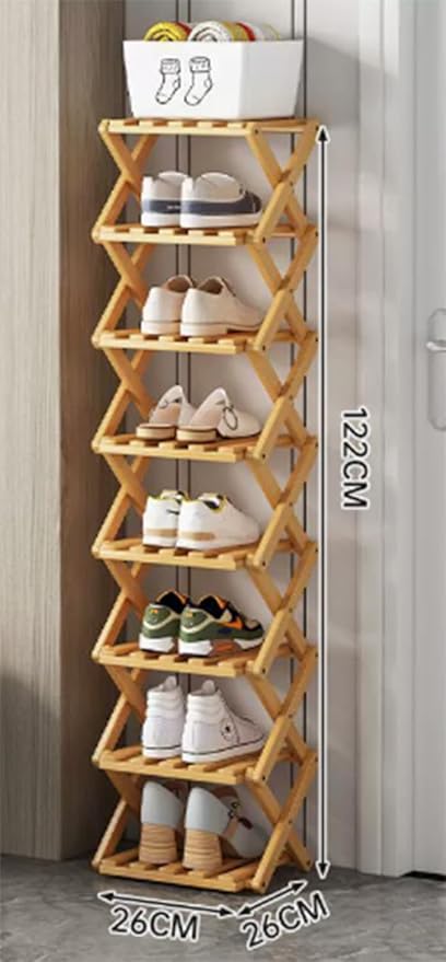 Foldable Shoe Rack, Tier No-Assembly Bamboo Rack, 2026 New Portable Bamboo Corner Shoe Rack, Multifunctional Narrow Shoe Shelf for Entryway, Closet, Corner, Bedroom (8 Layers)