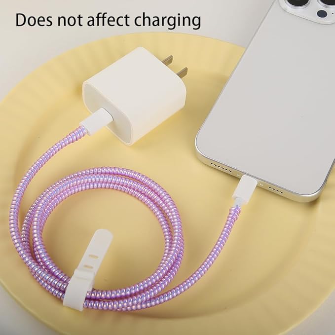 4pcs 1.6M(5.25FT) Spiral Cable Protector, Multicolor Suitable for Most Phone/Pad/Laptop USB Wire Cord Savers Protection Cover Anti-Break Wrap Charger Data Line Cables Sleeves, Laser Purple