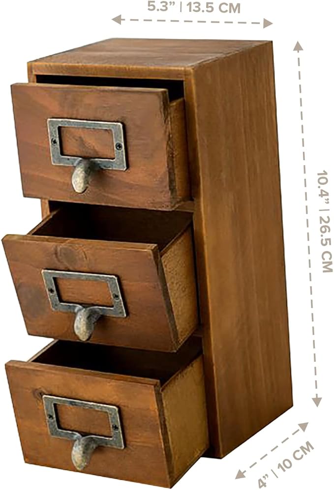 Vintage 3 Drawer Desktop Organizer - Rustic Card Catalog with Label Holders - Small Chest for Organization - Library Box - Table Nightstand Shelves Cabinet Vertical Storage
