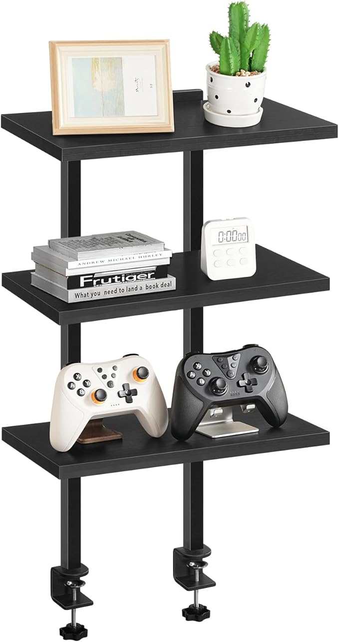 MAHANCRIS Clamp On Desk Organizer, 3-Tier Desktop Bookshelf, Adjustable Desk Storage Shelf, Metal Frame, for Office, Study and Game Room, Black DSBK3601