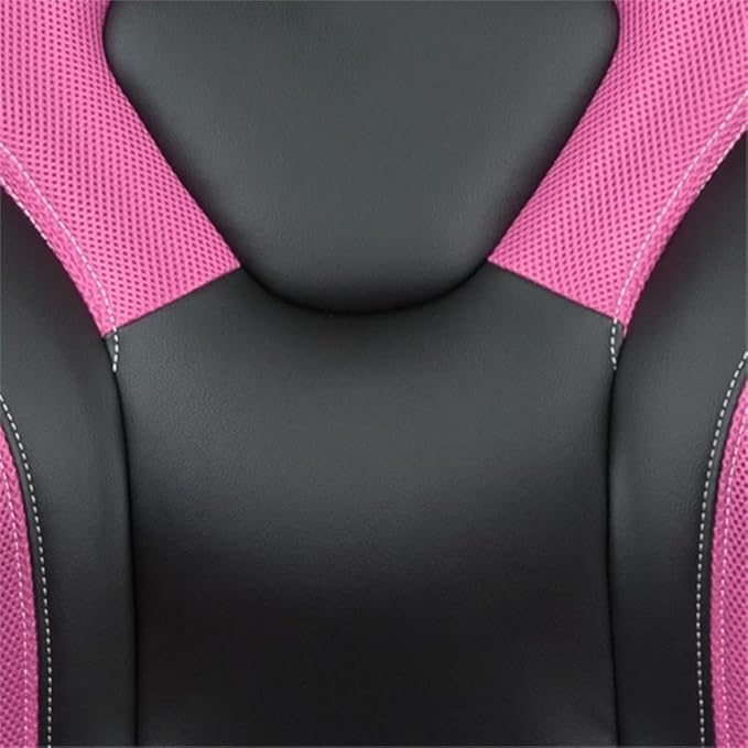 BOWERY HILL Gaming Desk and Racing Chair Set, Black Laminate Top, Red Powder Coated Frame, Pink Mesh Inserts, Dual Monitor Capacity, Ergonomic High Back Chair, Contemporary Style for Gamers