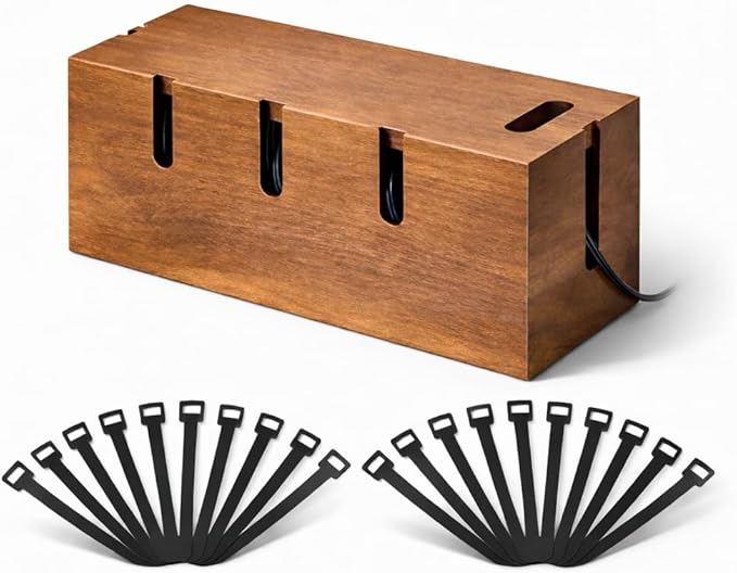 Wood Cable Management Box for Desk & TV – Cable Organizer Box to Hide Cords, Power Strips & Chargers, Decorative Cord Hider, Includes 20 Reusable Cable Ties