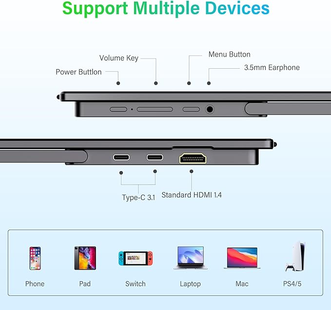 InnoView 2K Portable Monitor 15.6" QHD 100% sRGB, Built-in 180° Adjustable Stand Travel Monitor USB C Standard HDMI Ultra-Slim Portable Monitor for Laptop MacBook Phone PS5 Xbox Switch