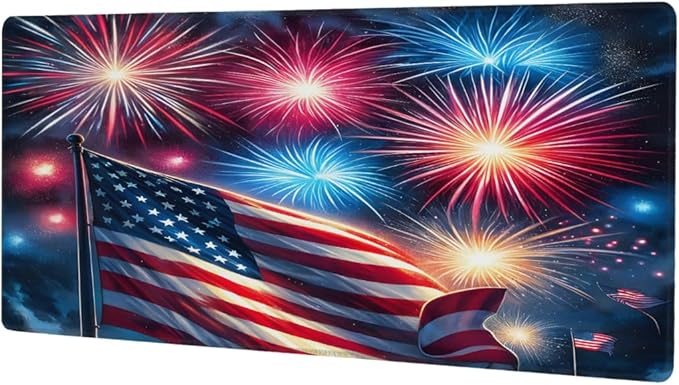 Large Mouse Pad American Flag Fireworks Non-Slip Rubber Long Gaming Desk Mat Big Computer Keyboard Mousepad Waterproof Protector Wristing Pad for Gaming Office Home Decorative 31.5 X 11.8 Inch