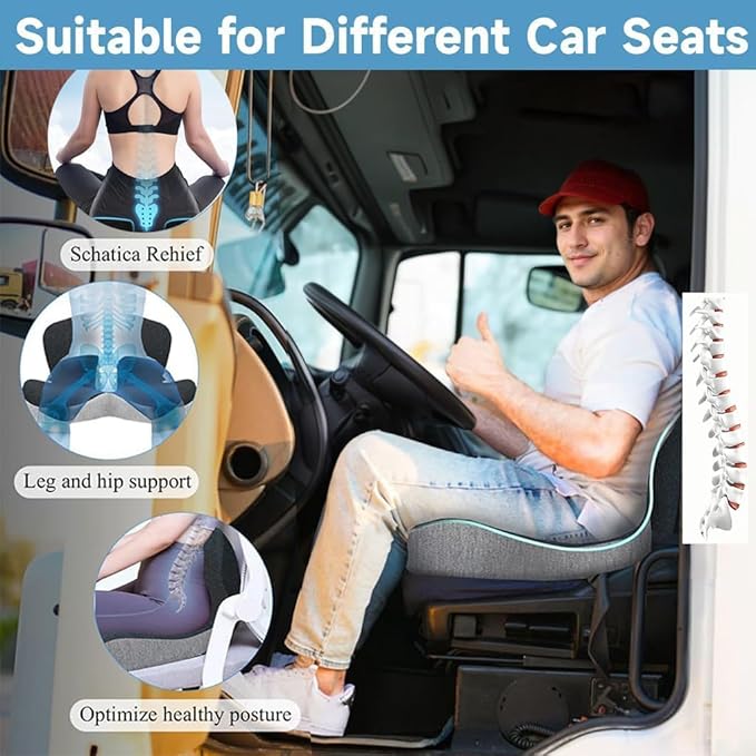 Memory Foam L-Shaped Integrated Seat Cushion for Office Chair, Truck&Car Ergonomic Driver Seat Cushion for Back, Lower Back & Tailbone Support for Truck Driver&Long Driving (Black&Grey)