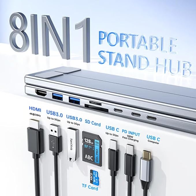 Laptop Docking Station Stand 8 in 1 USB C Portable Travel Laptop Stand with Docking Station 8-in-1 USB-C Hub with 4k HDMI, 2 USB 3.0, Pd 100w for MacBook Pro/Air Dock Tablet Stands(8 in 1)