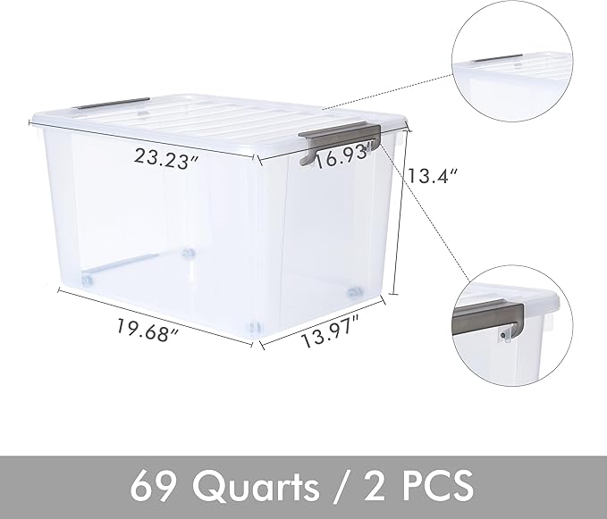 Citylife 69 QT Plastic Storage Bins with Latching Lids Stackable Storage Containers for Organizing Large Clear Storage Box for Garage, Closet, Kitchen, 2 Packs