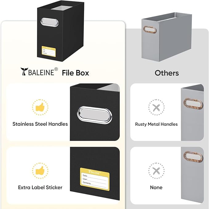 BALEINE File Organizer Box, Cardboard File Folder Organizer with Handle for Letter Size, Portable Collapsible Hanging Filing Box for Home Office Document Storage (1 Pack, Black)