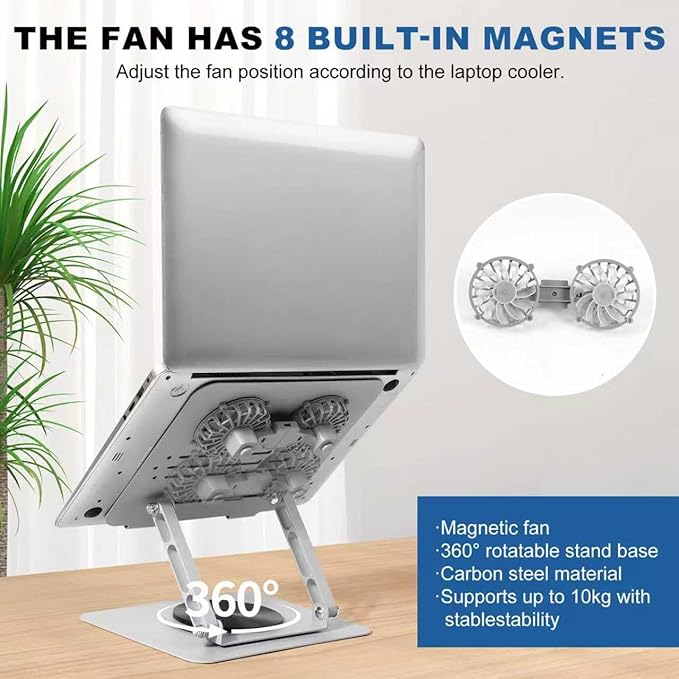 Laptop Cooling Pad with Detachable Fan & Cooler,Adjustable Height & Angle,360 Rotation Base, Ergonomic Carbon Steel Laptop Cooling Pad for MacBook,Dell 10-17.3” Laptop for Tablet(Silver)
