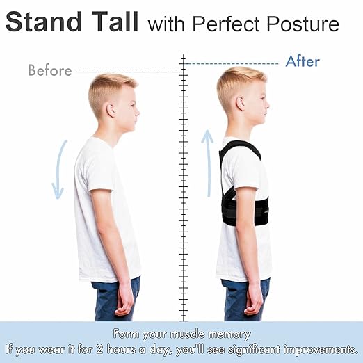 Kids Back Brace Posture Corrector for Boys Girls Teen Youth, Adjustable Upper Back Straightener Lumbar Support Belt for Children Teenager Hunchback Scoliosis Pain Relief Spine Corrector (Black, Medium)