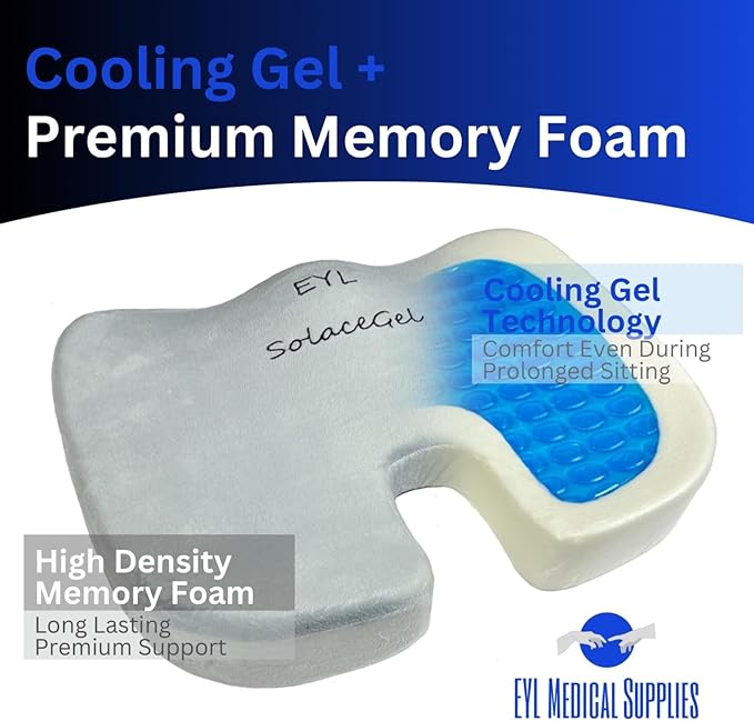 SolaceGel Enhanced Cooling Gel Cushion With Memory Foam Built In Handle – Lower Back Pain Relief – Improves Posture & Support – Multi Use – Office Chair, Car, Sporting Events, Gaming – Two Covers