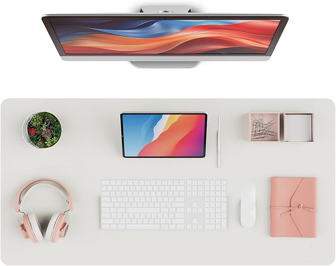 K KNODEL Leather Desk Pad Protector, Office Desk Mat, Large PVC Leather Desk Blotter, Non-Slip Mouse Pad (White, 15.7" x 31.5")