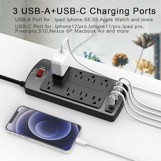 Surge Protector Power Strip - Nuetsa Flat Plug Extension Cord with 8 Outlets and 4 USB Ports, 15 Feet Power Cord, 2700 Joules, ETL Listed, Black