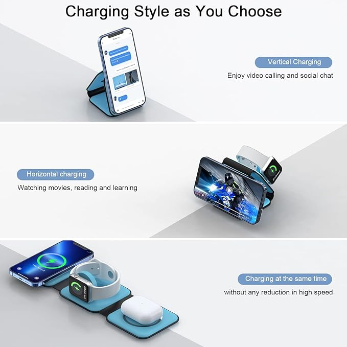 Wireless Charger 3 in 1,RTOPS Travel Charging Station Wireless Devices, Compatible for iPhone17/16/15/14/13/Pro/Max, iWatch, AirPods4/3/2/Pro (Adapter Includes), 3 in 1 Charging Station