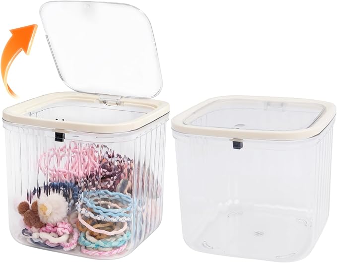 THMINS 2 Pack Hair Accessories Organizer for Girls,Clear Storage Box with Lid for Kids Hair Clips,Ties,Bows&Jewelry,Stackable Dust-Proof Flip Top Container,Desktop Organizer(Clear)