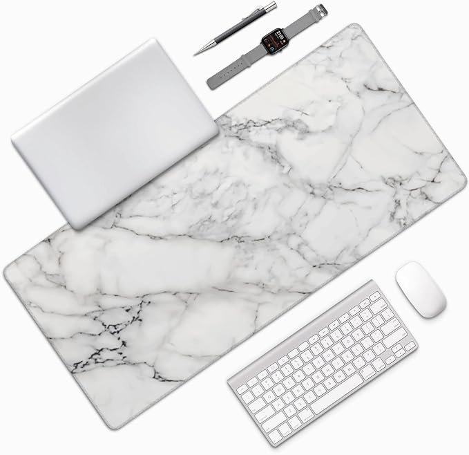 White Marble Large Mouse Pad & Desk Mat Extended Mousepad with Stitched Edges Non-Slip Rubber Base Laptop Computer Keyboard Pad for Gaming, Office & Home Decor, XXXL - 35.4" X 15.7"