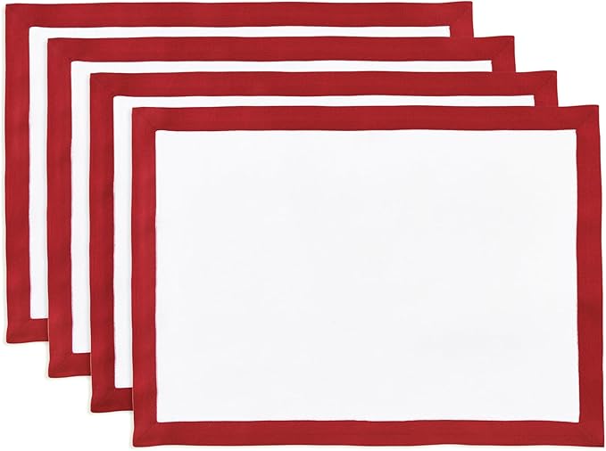 Solino Home Linen Placemats Set of 4 - Red and White Placemats 14 x 19 Inch - 100% Pure Linen Table Place Mats - Classic, Handcrafted and Machine Washable