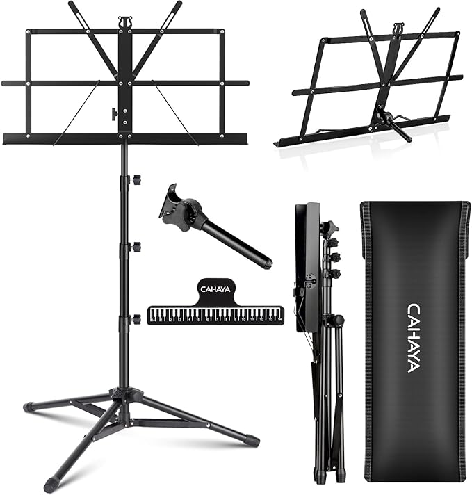 CAHAYA Portable Sheet Music Stand: Dual Use Desktop Book Holder Folding Lightweight Extra Stable Reinforced with Carrying Bag and Clip for Students Musicians Height Adjustable up to 67" CCMS0305
