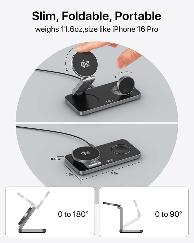 UEQ 3-in-1 Charging Station for Apple Devices,QI2.2 25W Ultra-Fast Magnetic Wireless Charger Stand,Compatible with MagSafe,Foldable Travel Charger for iPhone Air/17/16/15/14/13/12,Apple Watch,AirPods