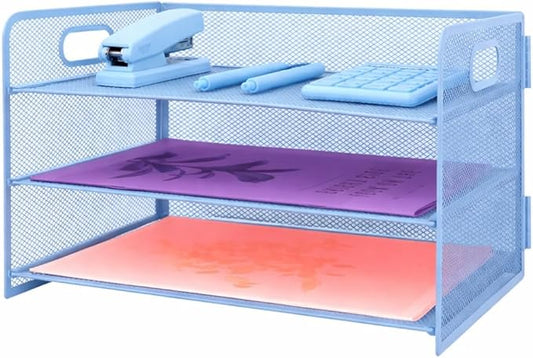 3 Tier Lettrer Tray Organizer with Handle, Metal Mesh Desk File Organizer with Sliding Trays, Paper Sorter Desk for Home Office School, Blue