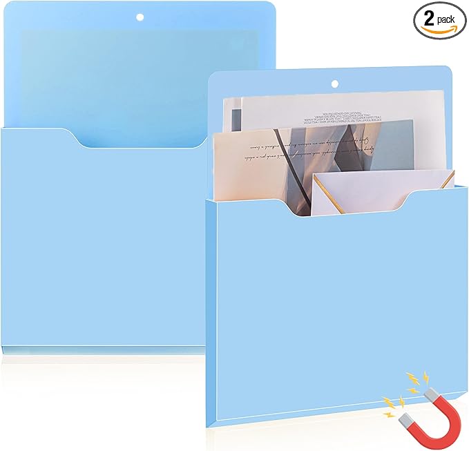 Feifeiya 2 Pcs Magnetic File Folder Wall Hanging Holder Large Pocket Paper Magazine Mail Organizer for Refrigerator Classroom Locker Whiteboard(Vertical,Blue Color,12.2 x 9.4 Inches)